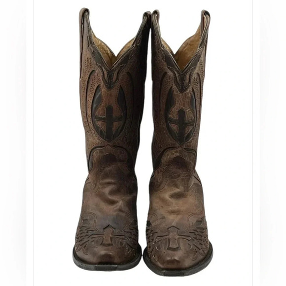 ➕ J.B. Dillon Men’s Leather Winged Cross Embroidered Boots 10EE Distressed - Picture 1 of 11